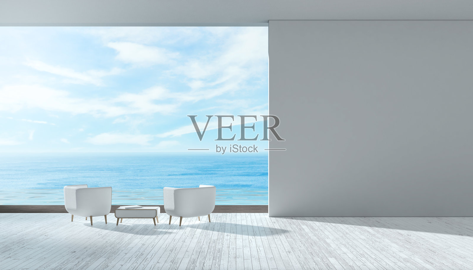 现代室内客厅与椅子游泳池别墅海景夏季3d渲染照片摄影图片