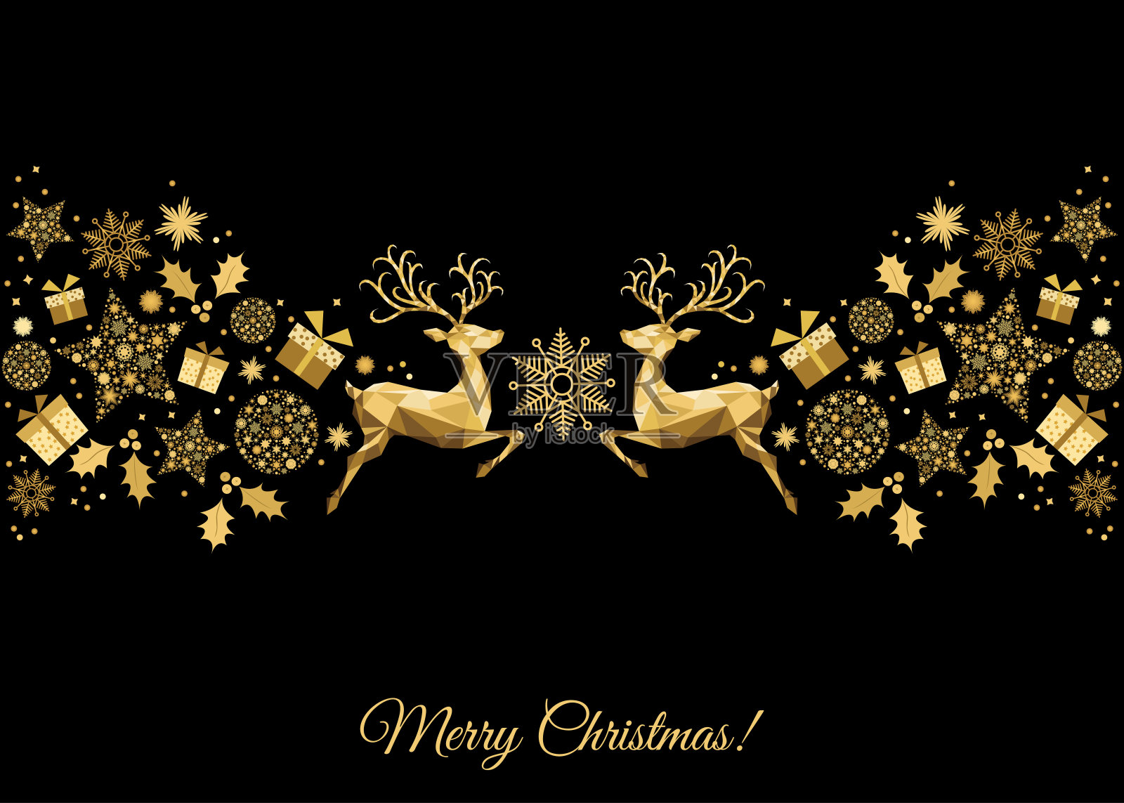 圣诞金饰用驯鹿、冬青、礼物和雪花。插画图片素材
