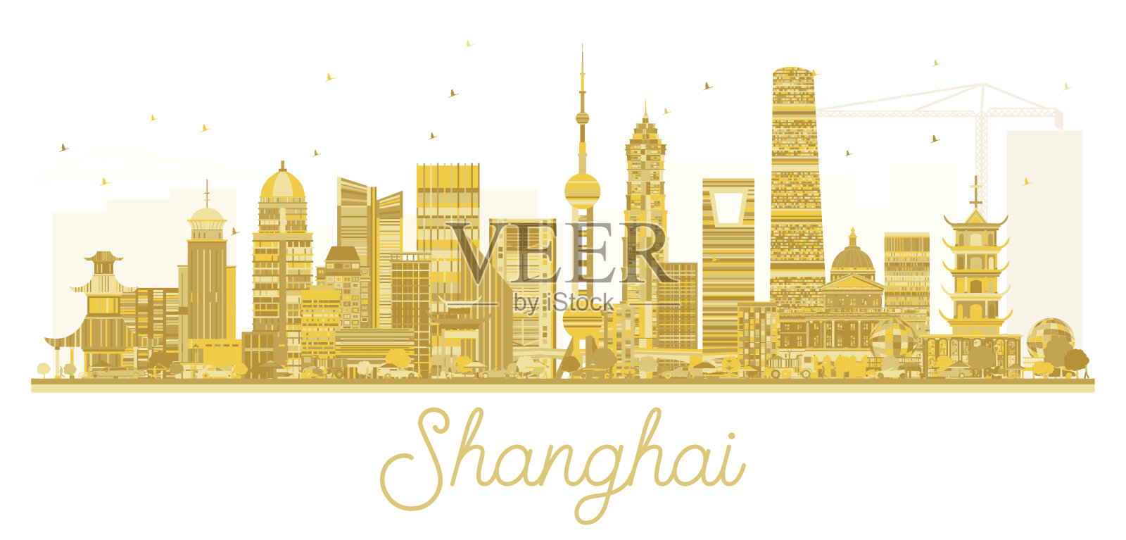 上海城市天际线的金色剪影。插画图片素材