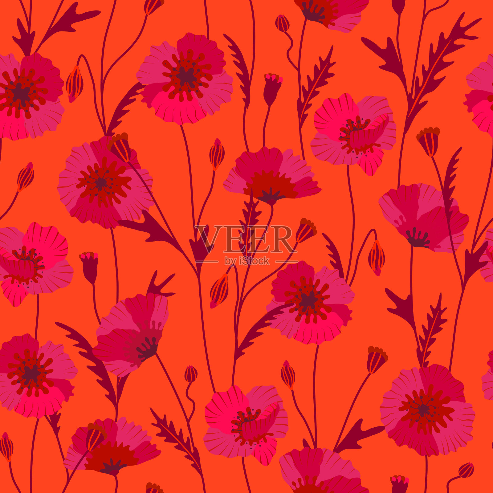 罂粟花无缝图案在紫色在橙色的背景插画图片素材