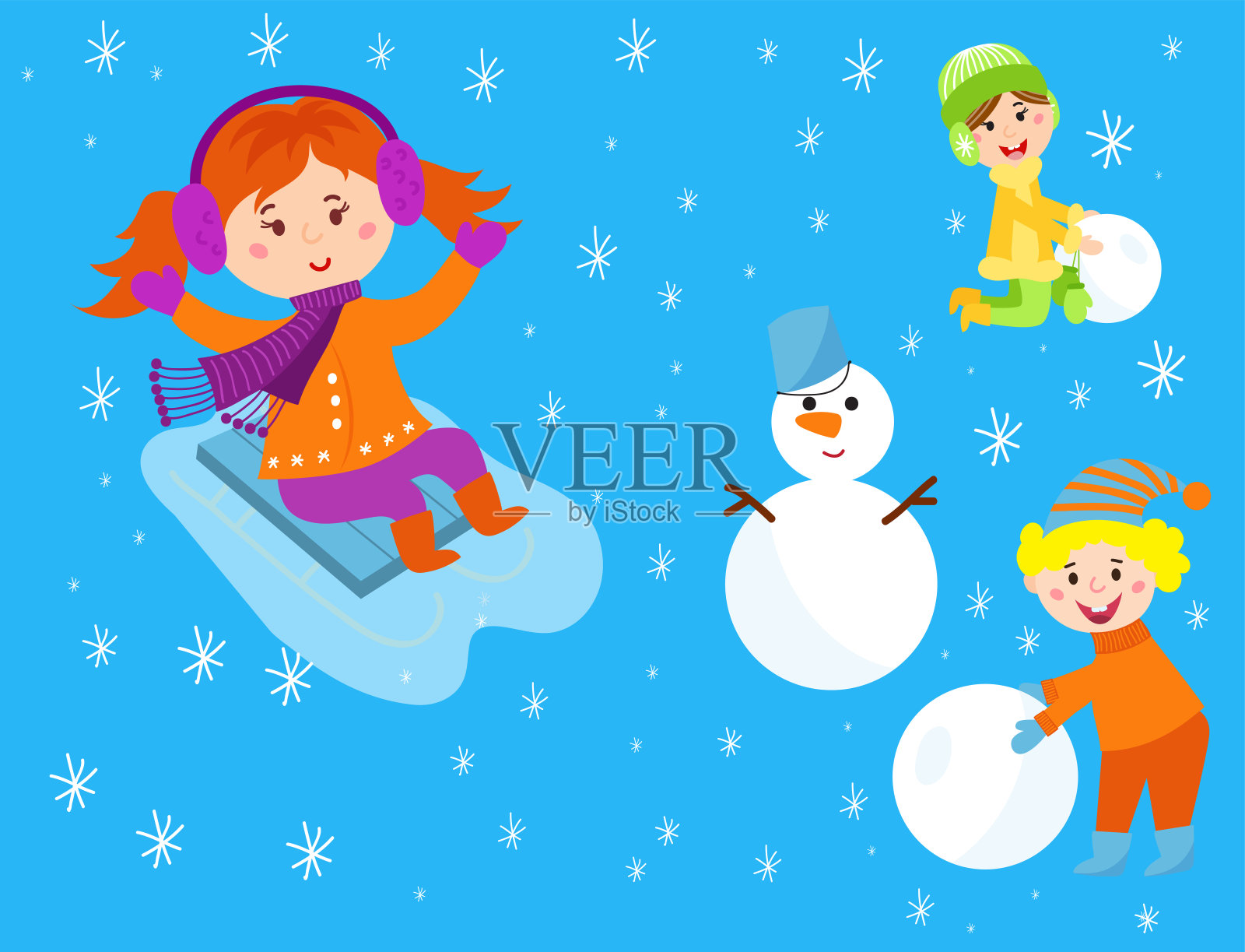 圣诞儿童玩冬季游戏儿童打雪仗卡通新年假期矢量人物插图插画图片素材