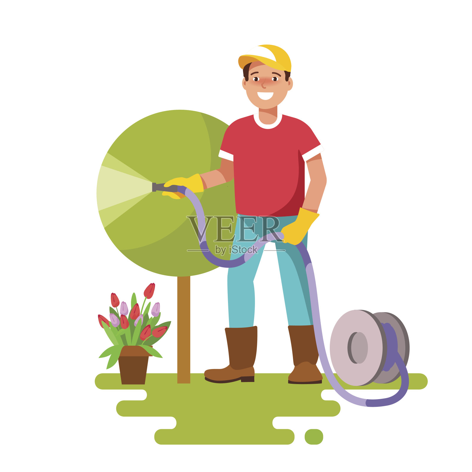 年轻人用花园软管浇花。专业的园丁。插画图片素材