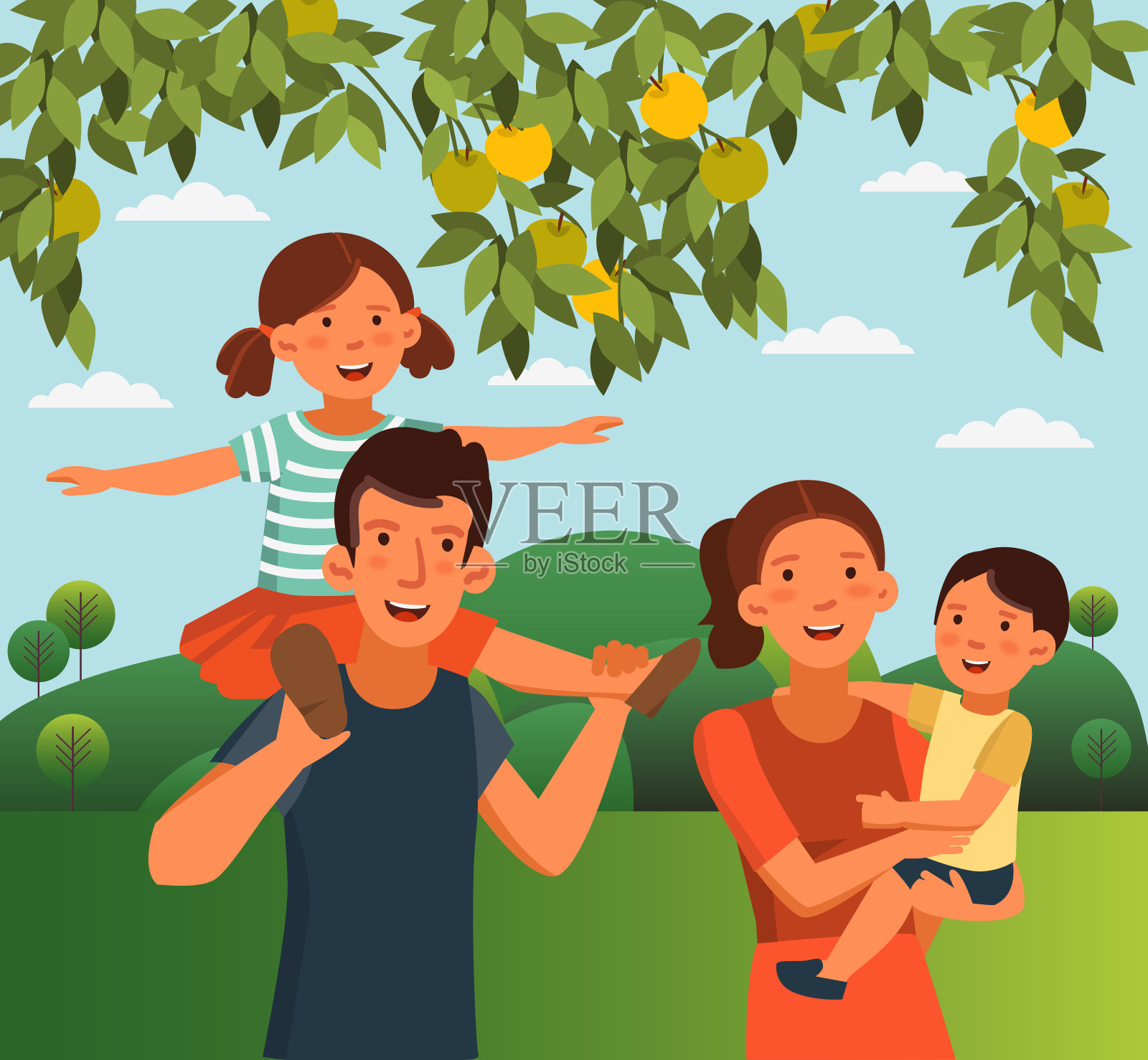 幸福的家庭在花园里玩耍。夏天的风景背景插画图片素材