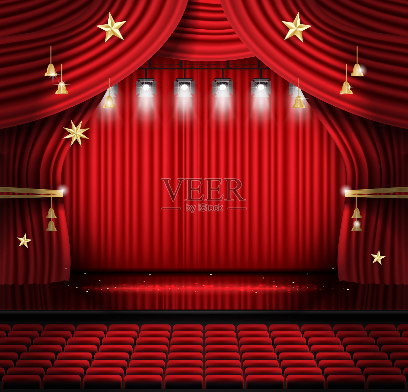 带座位和聚光灯的红色舞台幕布。插画图片素材