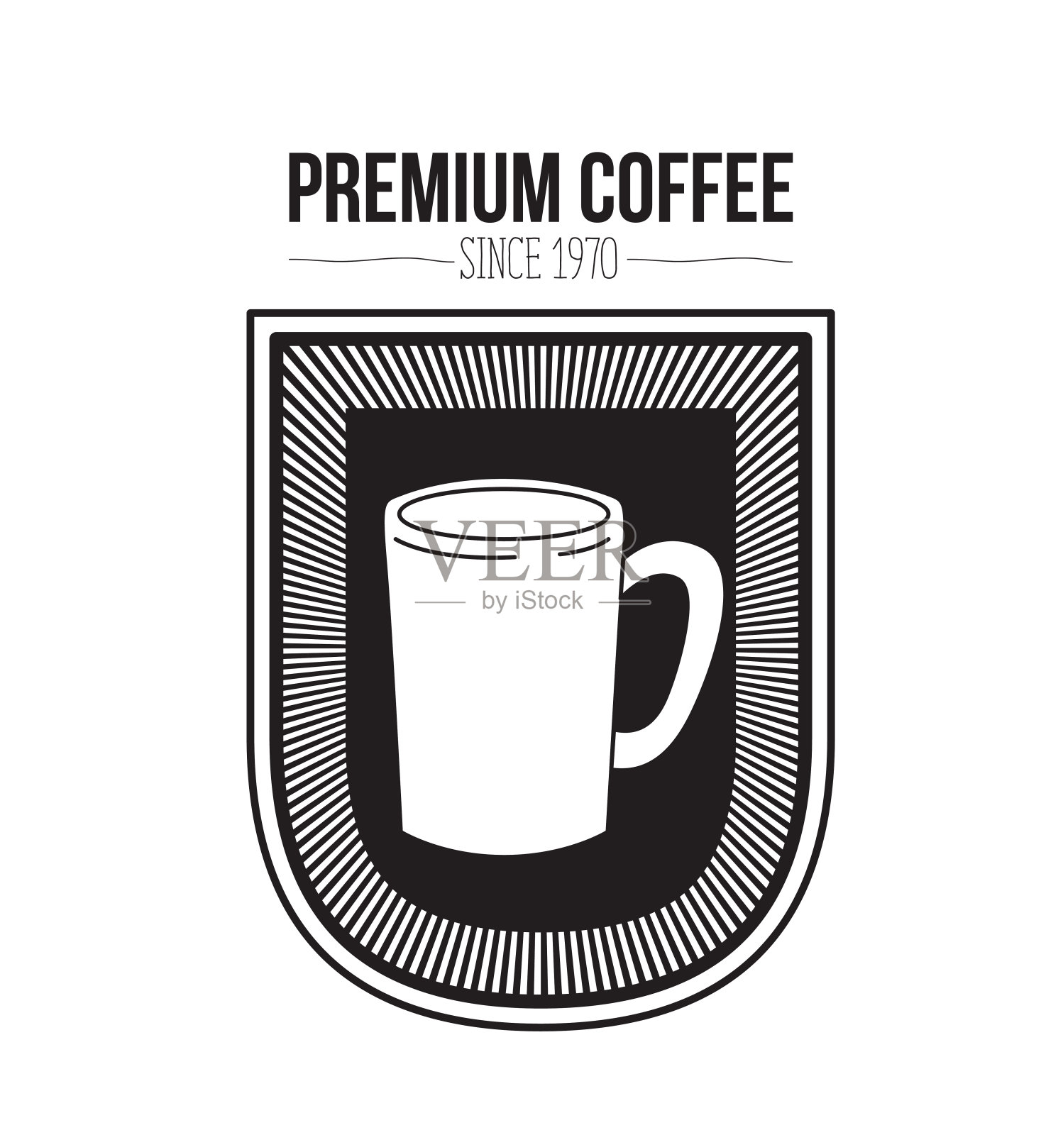 白色背景的文字优质咖啡豆自1970年和标志设计装饰徽章与剪影马克杯插画图片素材