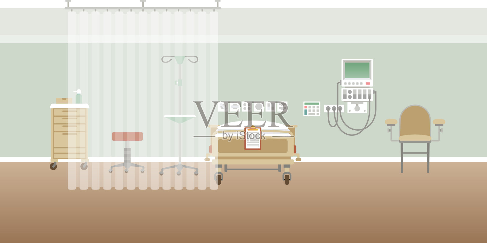 Vector医院个人医疗病房室内空场景为扁平风格插画图片素材