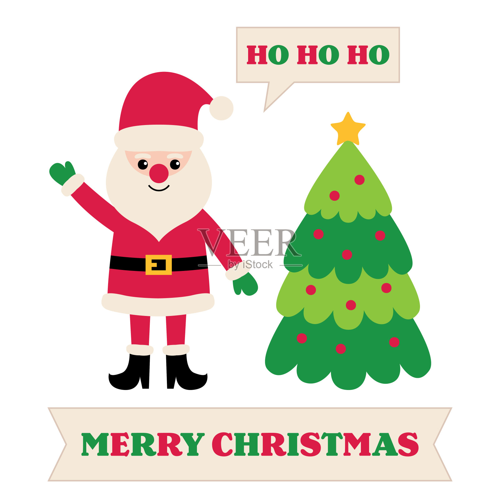 有圣诞老人和圣诞树的贺卡插画图片素材
