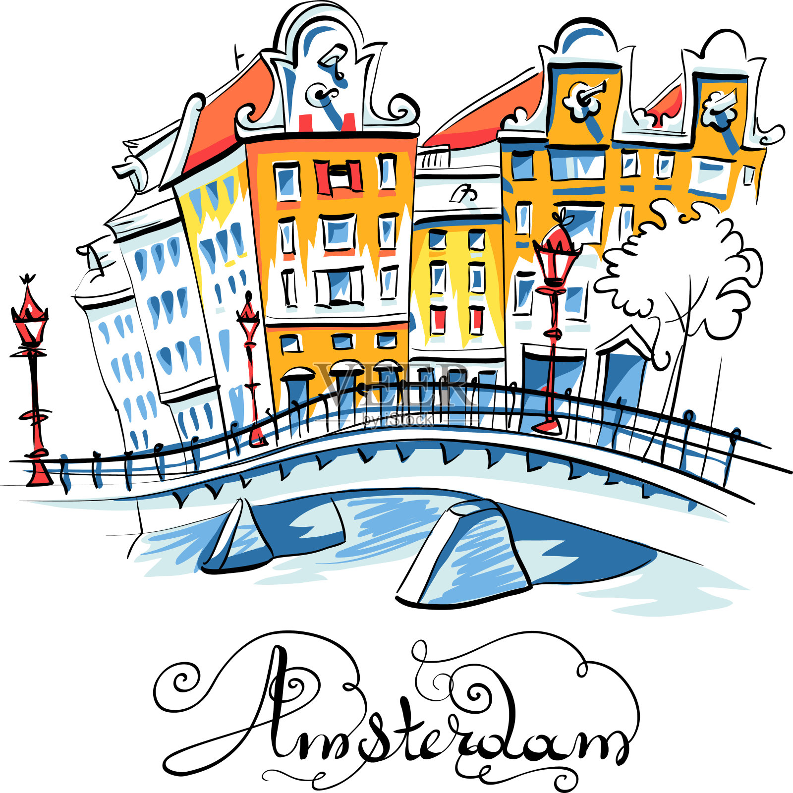 阿姆斯特丹运河的矢量城市视图插画图片素材