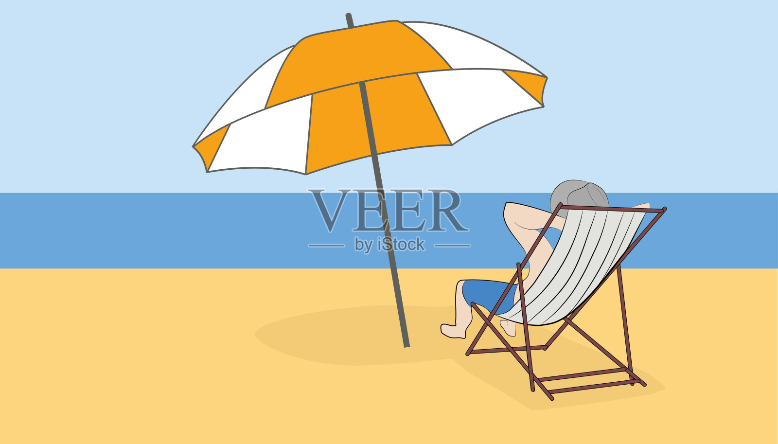 一个男人正在海滩上的躺椅上晒太阳。假期的概念。为设计和信息图手绘卡通矢量插图。插画图片素材