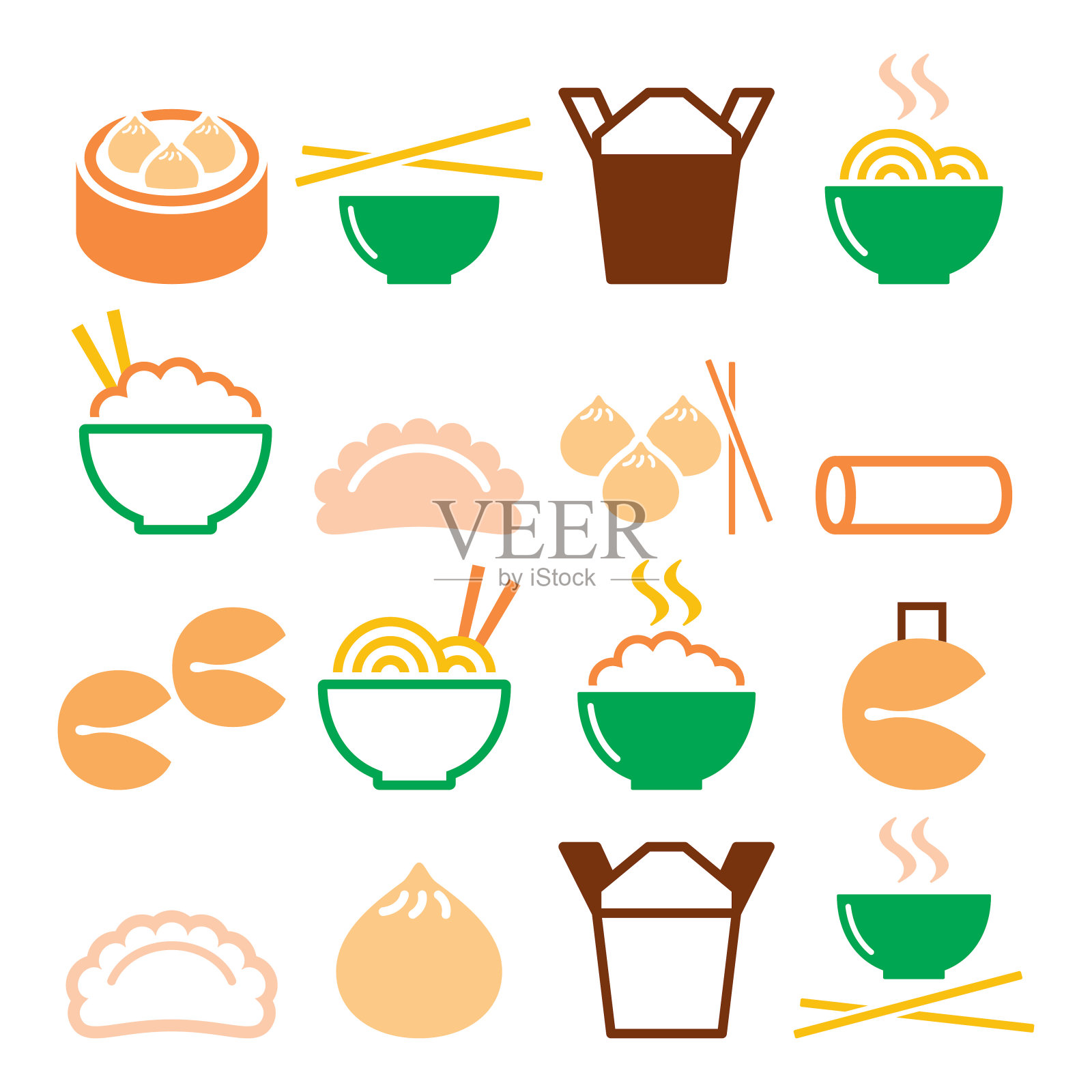 中国的外卖食品——意大利面，米饭，春卷，幸运饼，饺子插画图片素材