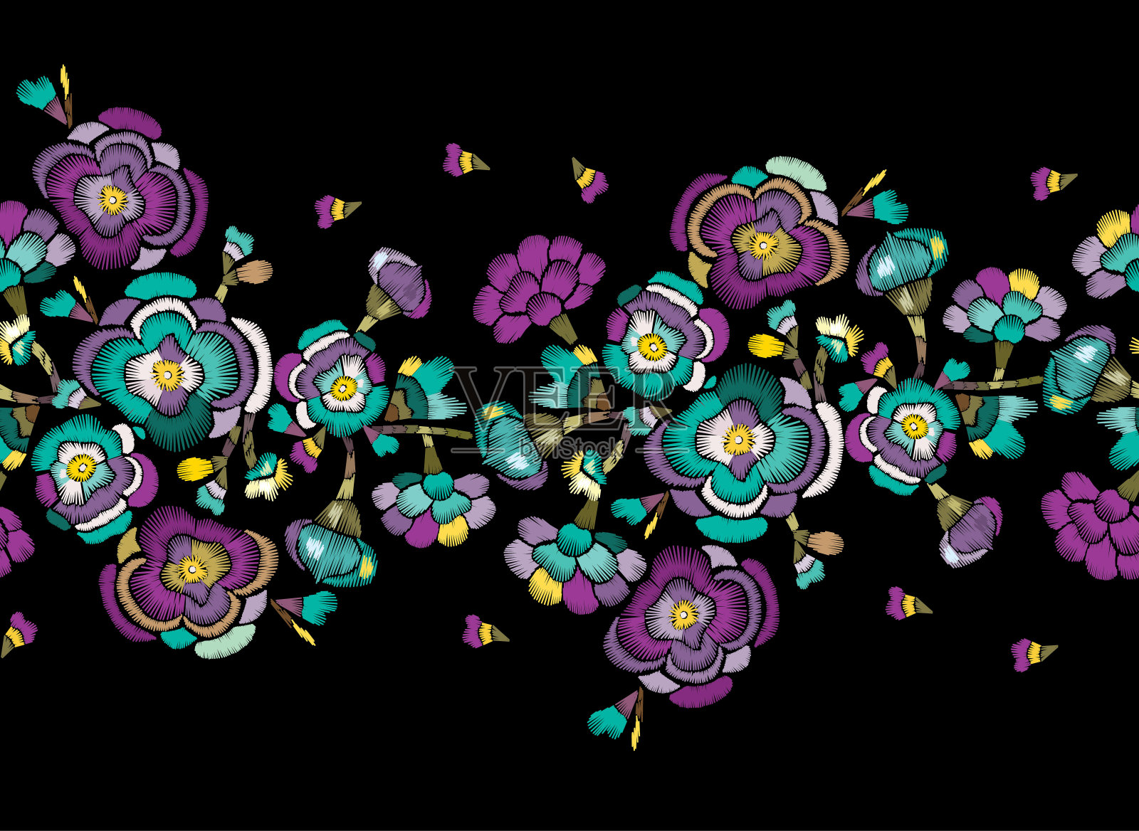刺绣花边。无缝框架抽象花卉在日本风格。插画图片素材