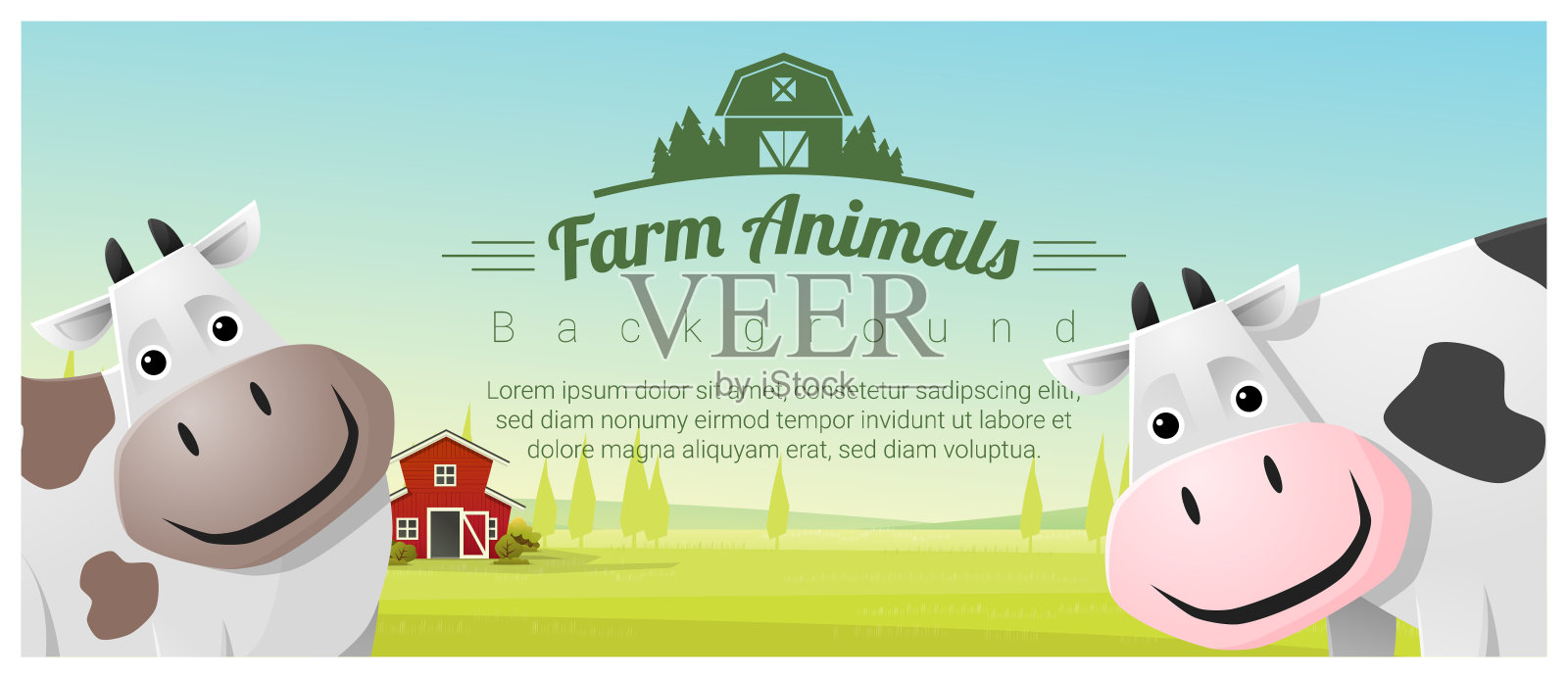 农场动物和农村景观背景与奶牛，矢量，插图插画图片素材