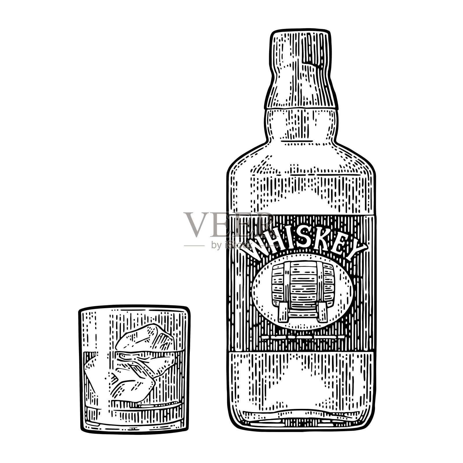 威士忌酒杯与冰块和酒瓶标签与桶插画图片素材