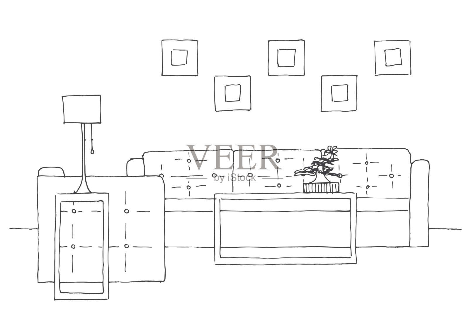 沙发，椅子，灯和桌子，有盆栽植物。手绘矢量插图的草图风格。插画图片素材