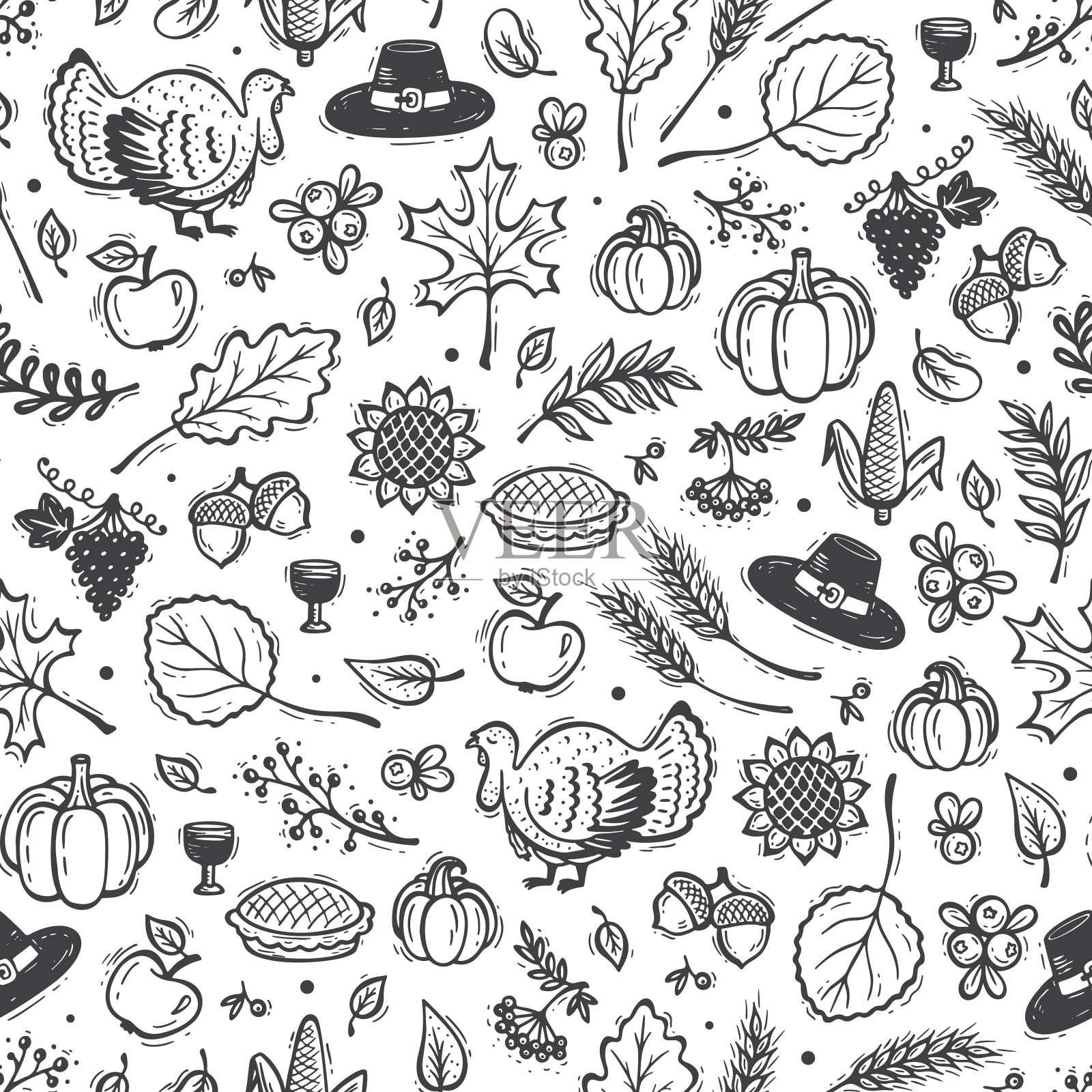 感恩节向量背景。秋收符号无缝图案。手绘涂鸦火鸡鸟，浆果，水果，蔬菜，叶子，小麦的耳朵，感恩节帽子和南瓜派插画图片素材