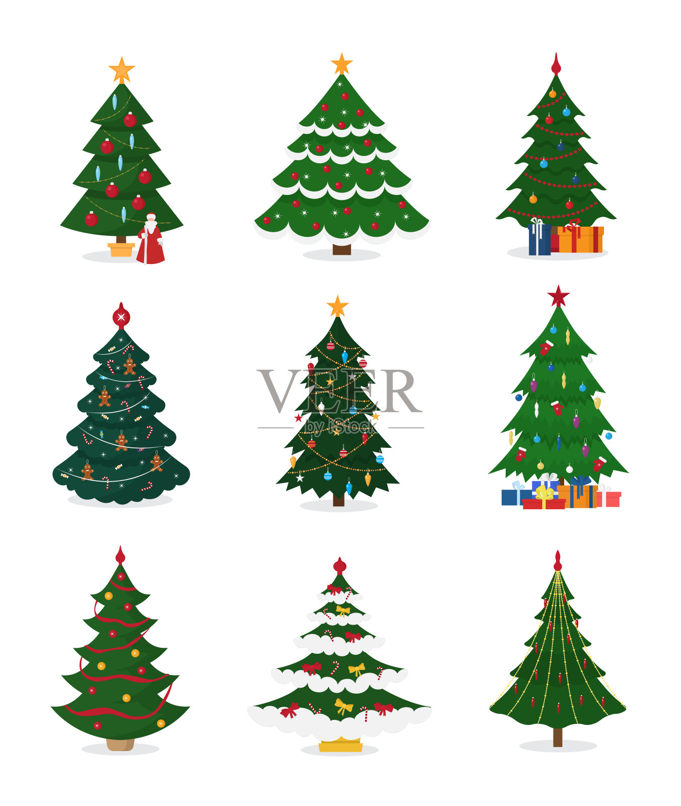 圣诞新年树向量图标与装饰明星圣诞礼物设计节日庆祝冬季派对植物设计元素图片