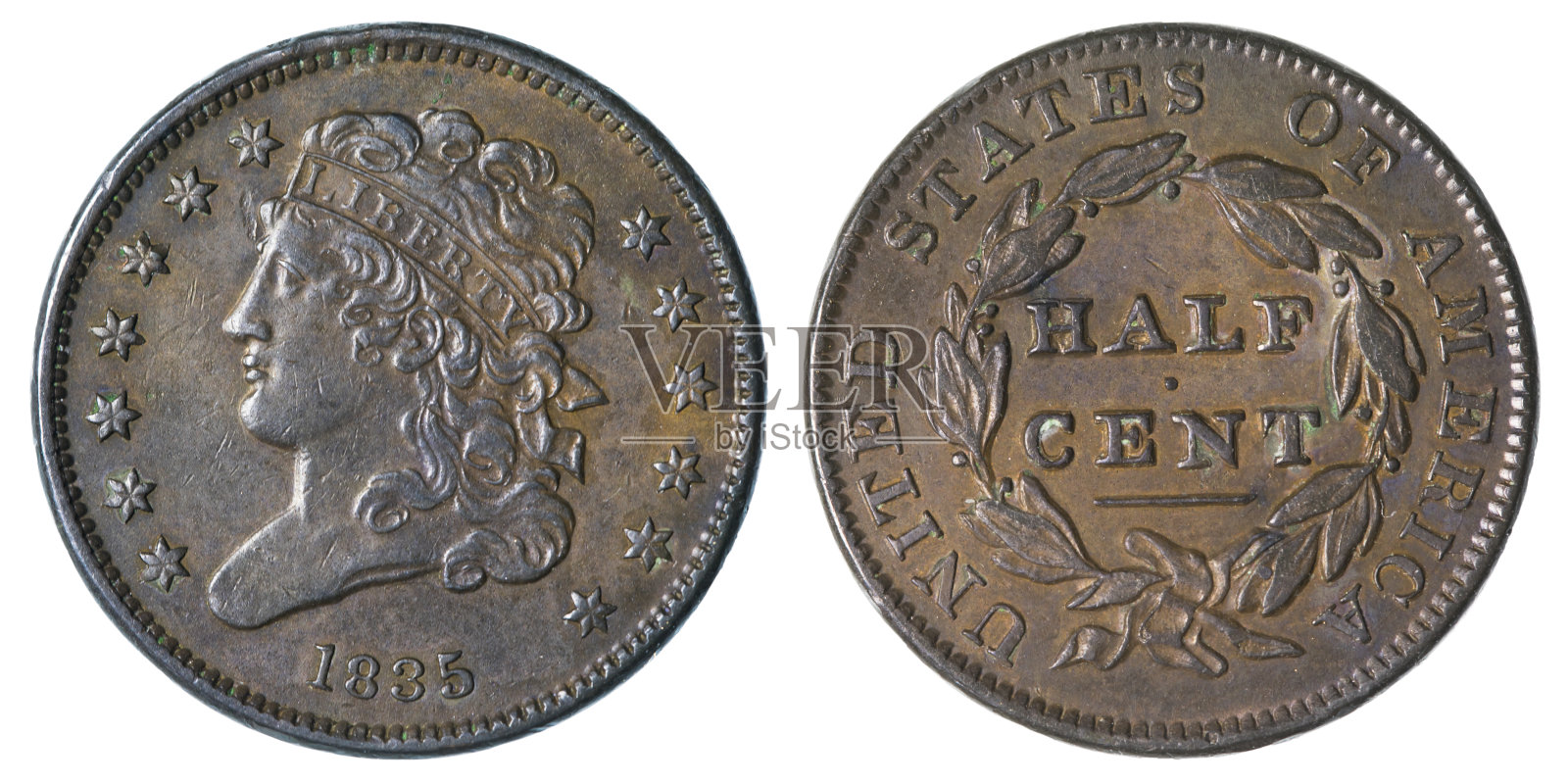 1835年半美分的正面和背面(正面和反面)照片摄影图片