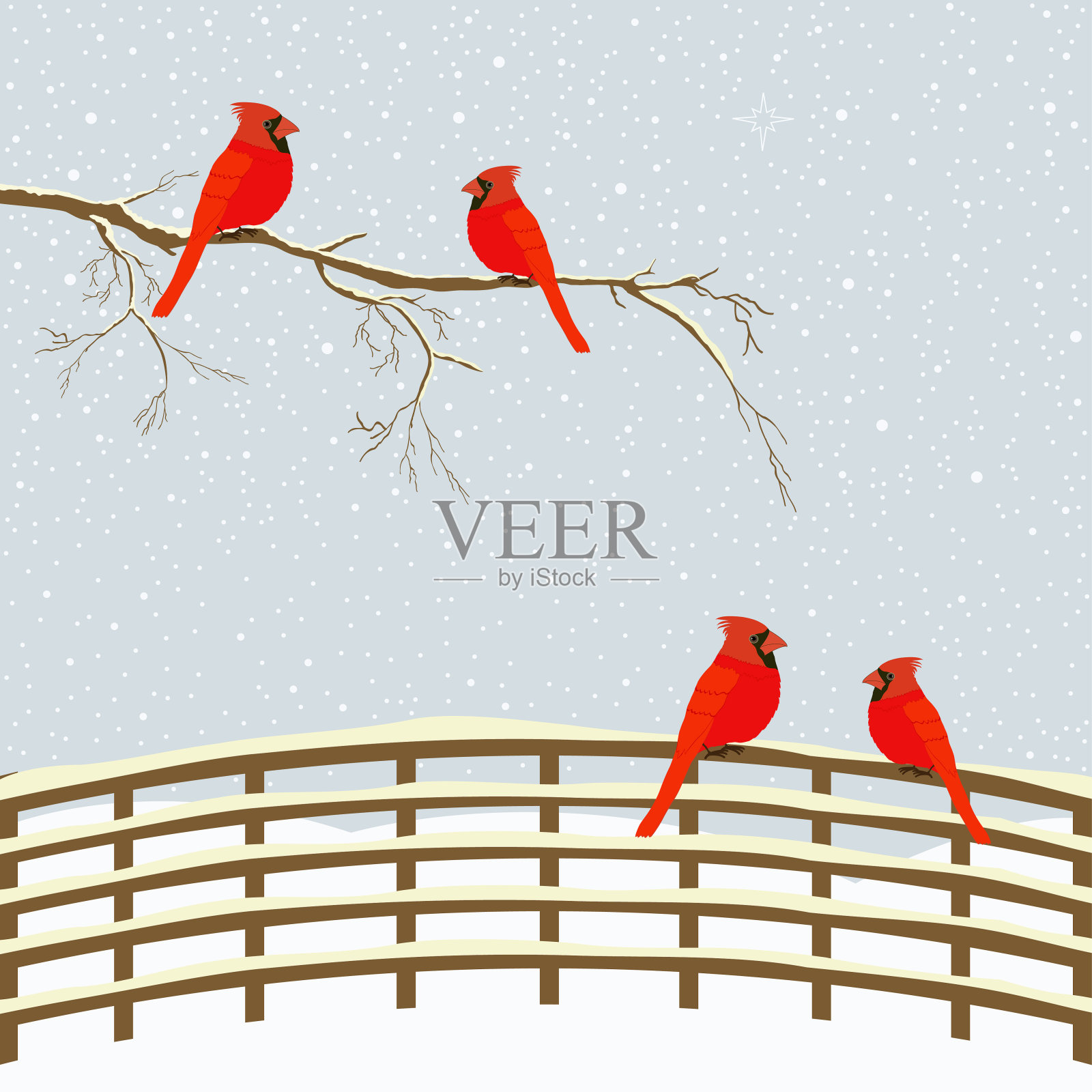 红色的鸟在树枝和篱笆冬天插画图片素材