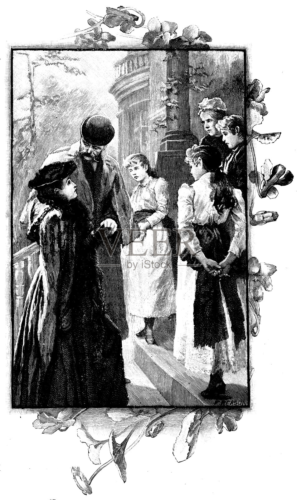 19世纪的故事插图描绘了一名男子和一名女子站在门口欢迎家人;维多利亚时代的家庭生活;用花卉装饰的边界围起来的插画图片素材