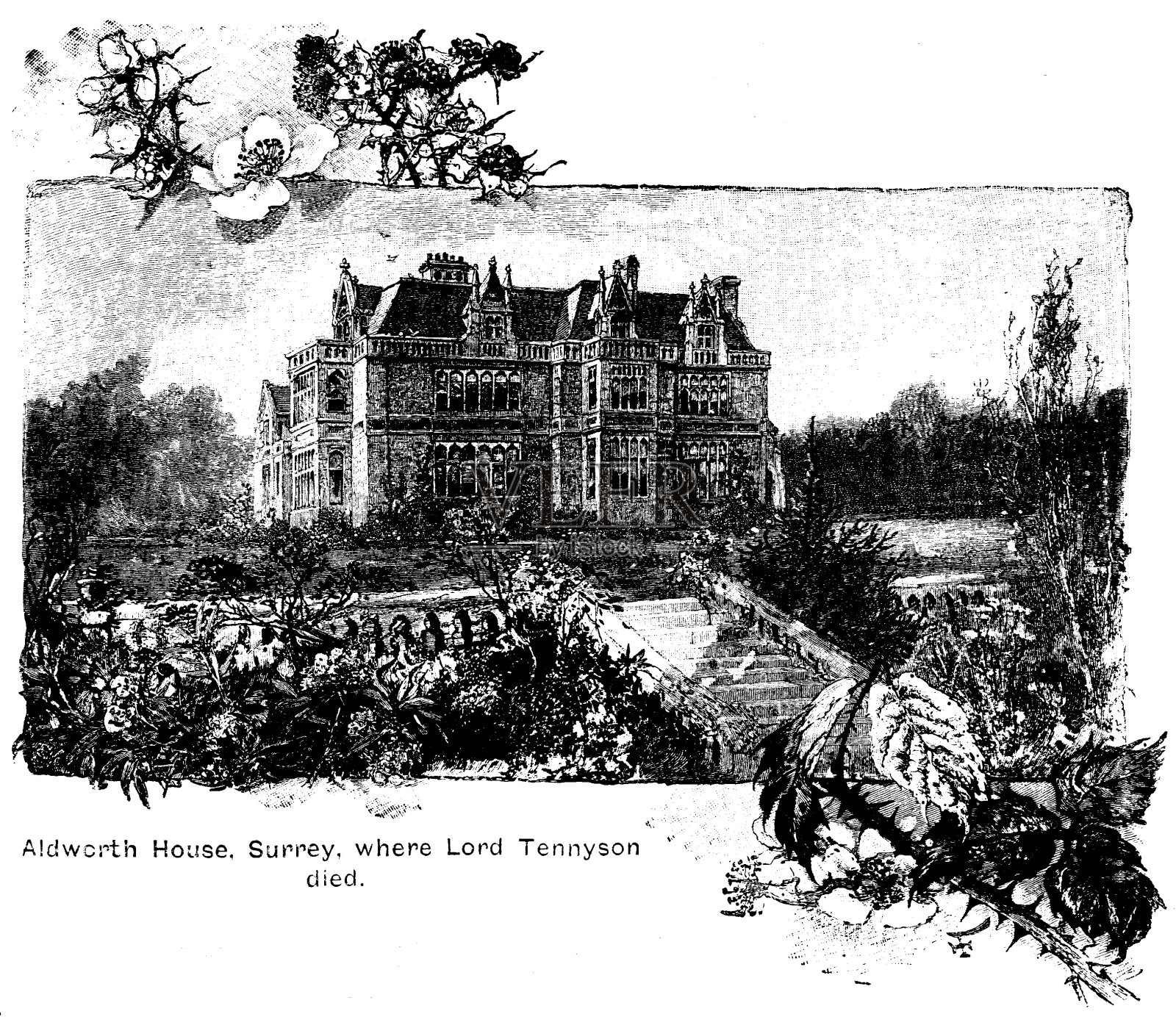 19世纪的文章插图描绘了阿尔弗雷德·丁尼生生活和去世的萨里郡阿尔德沃斯住宅;1893插画图片素材