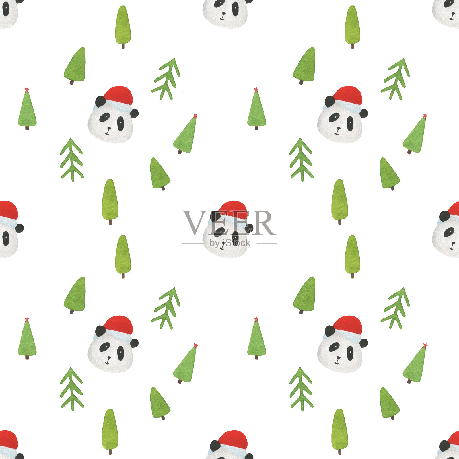 无缝图案制作的手绘水彩熊猫在红色圣诞老人的帽子孤立在白色的背景插画图片素材