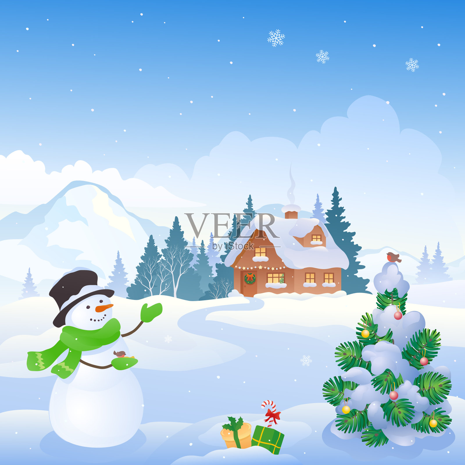圣诞山和雪人插画图片素材