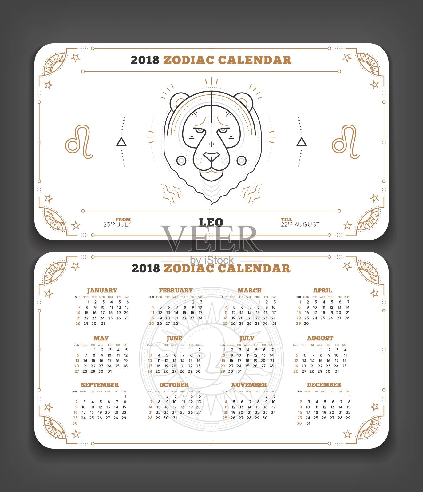 狮子座2018年生肖日历口袋大小水平布局双面白色设计风格矢量概念插图插画图片素材