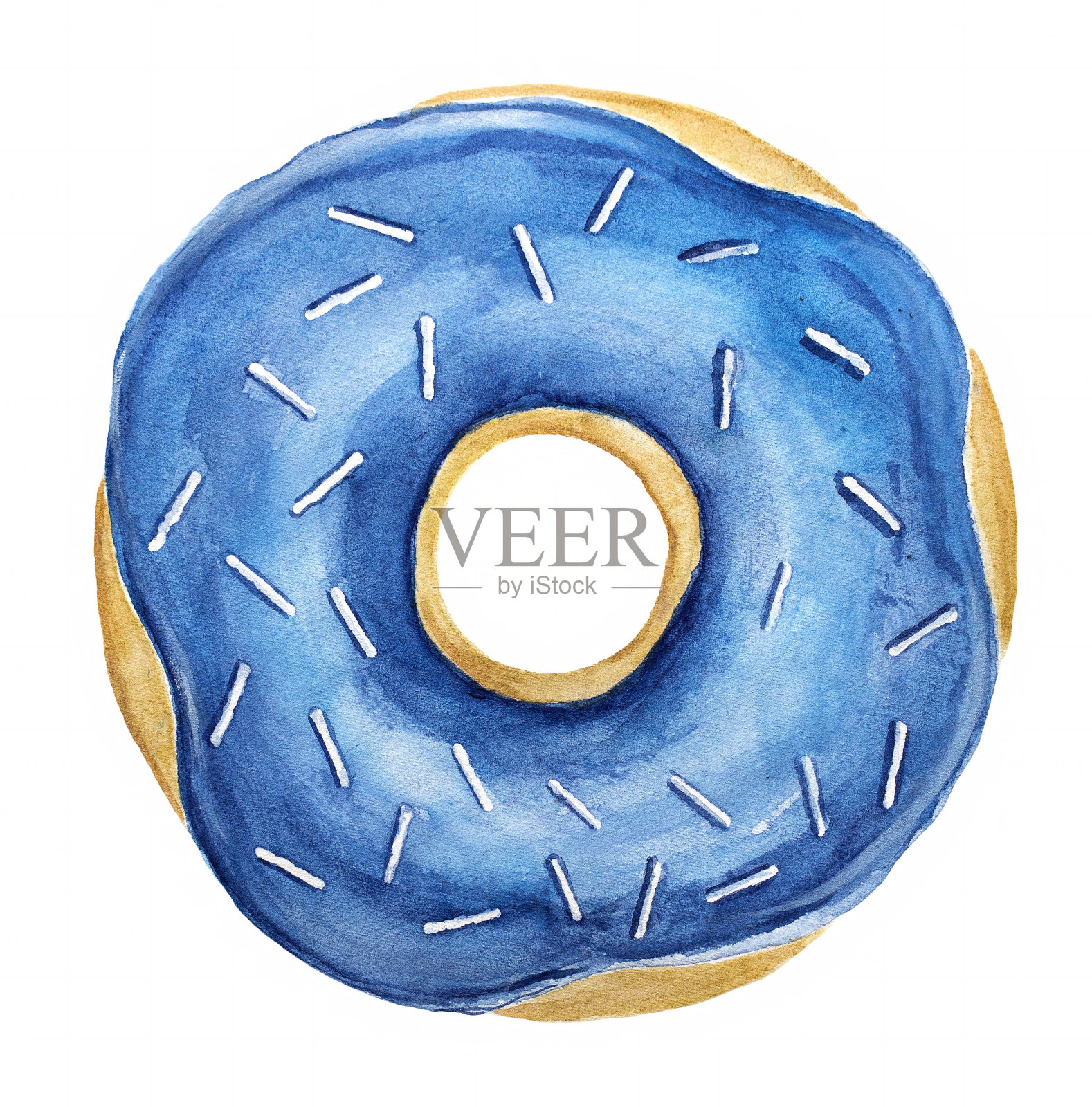 美味的甜甜圈，上面点缀着白色的糖霜和蓝色闪亮的新鲜糖霜。单一项目，特写，整体，俯视图。设计元素图片