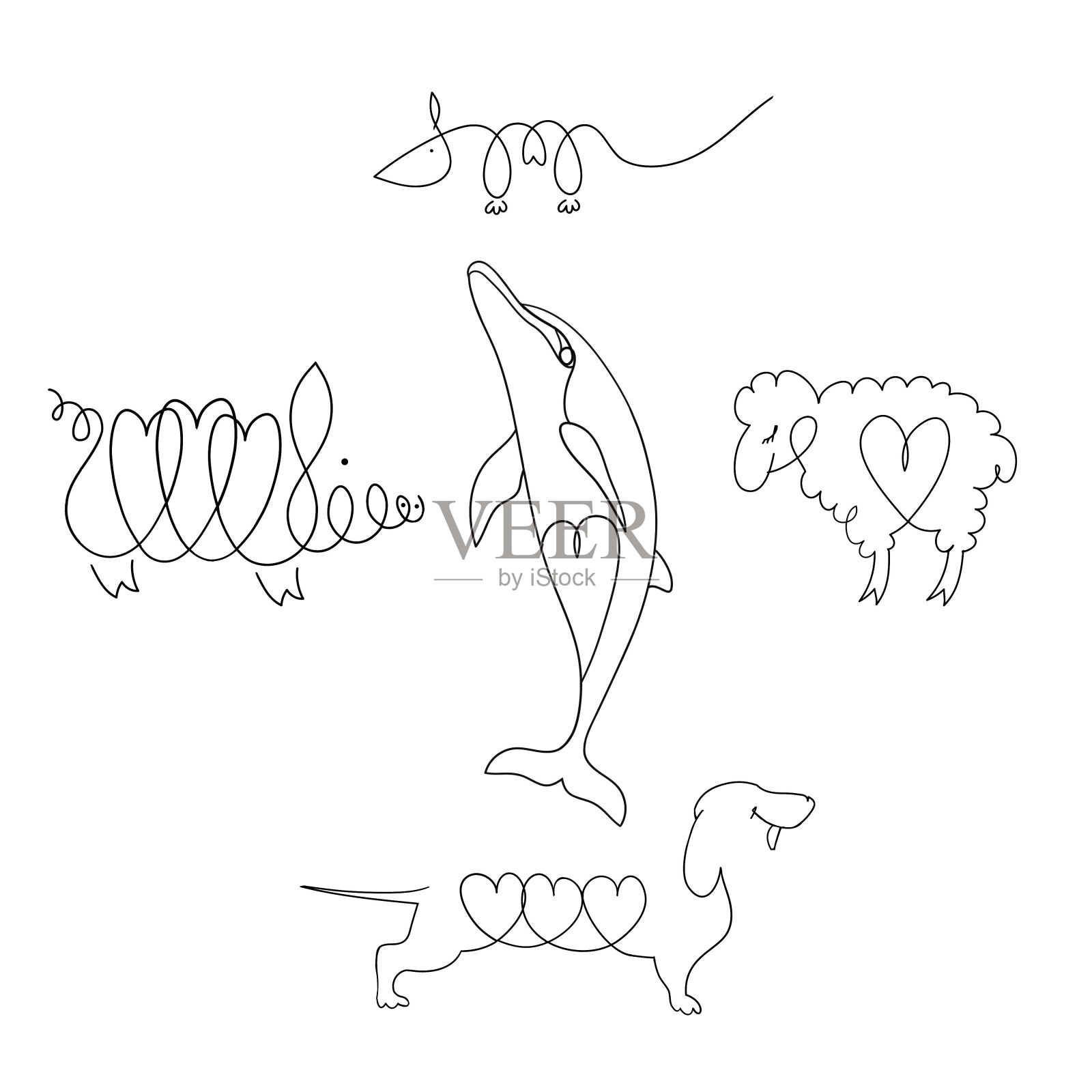 狗，海豚，老鼠，猪，羊。插画图片素材