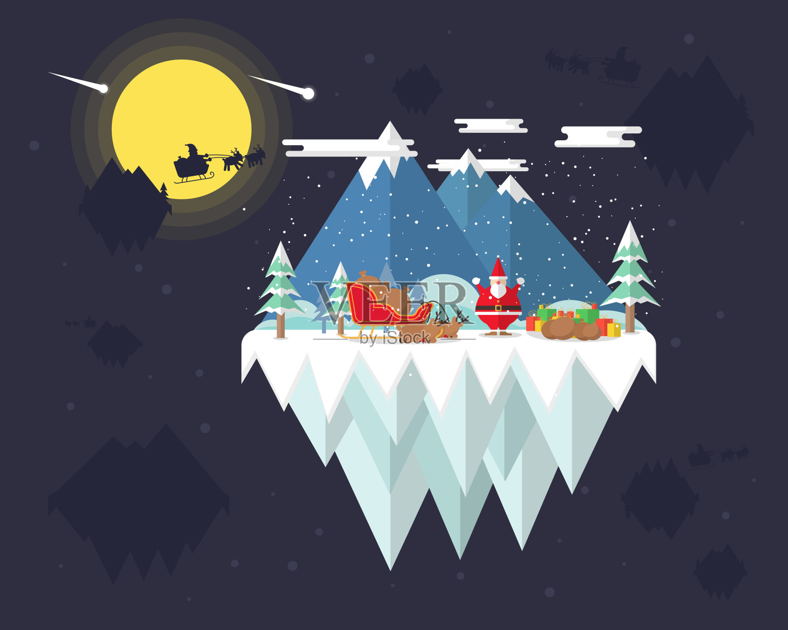 圣诞老人准备许多盒子的礼物，而他的驯鹿在雪橇旁睡觉，圣诞老人忙着送玩具和礼物给人们，圣诞快乐和新年快乐，圣诞老人的星球插画图片素材