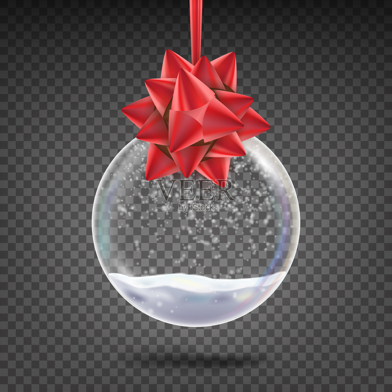 现实圣诞球向量。闪亮的玻璃圣诞圣诞树玩具雪花和红蝴蝶结。孤立的透明背景插图插画图片素材