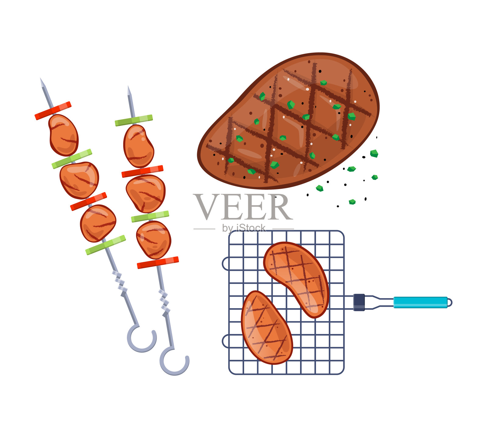 美味的食物，肉类，烤肉，串蔬菜串插画图片素材