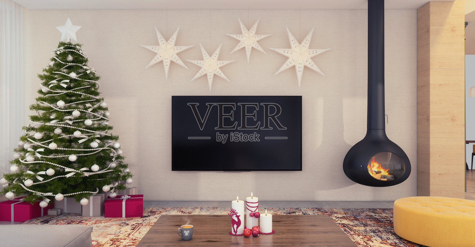 圣诞节主题用电视机装饰公寓内部照片摄影图片