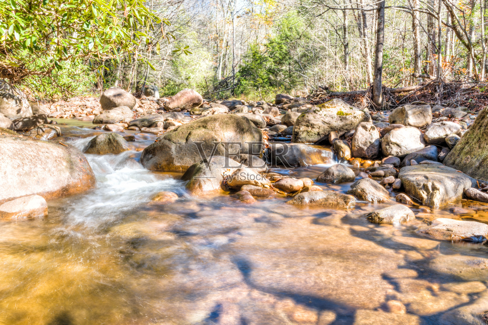 浅岩石溪流的特写与流水和瀑布在秋天与绿色的树叶，石头和平滑流动的小溪照片摄影图片