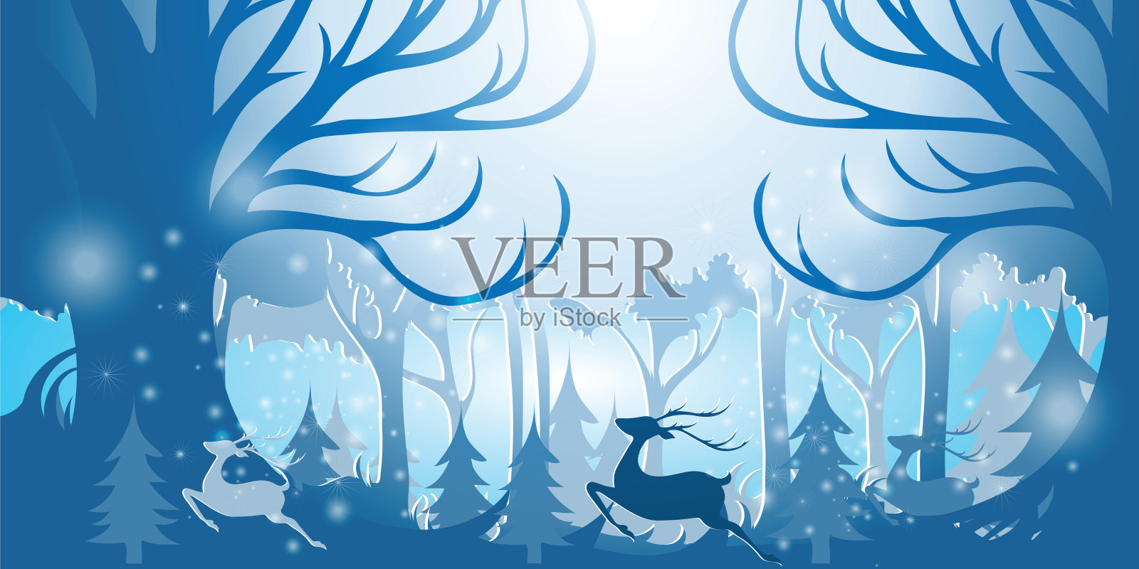 纸张艺术风格向量的森林景观在冬季的季节插画图片素材