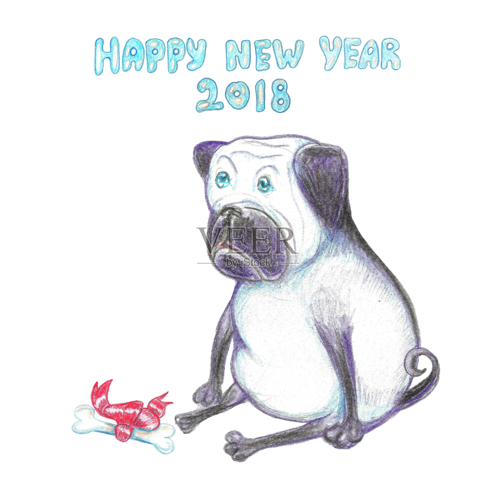 水彩搞笑哈巴狗。祝你新年快乐。2018狗的象征。插画图片素材