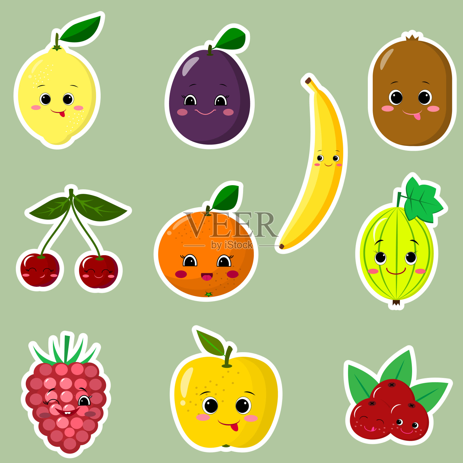 水果笑脸贴纸的图标与白色的轮廓在设置设计元素图片