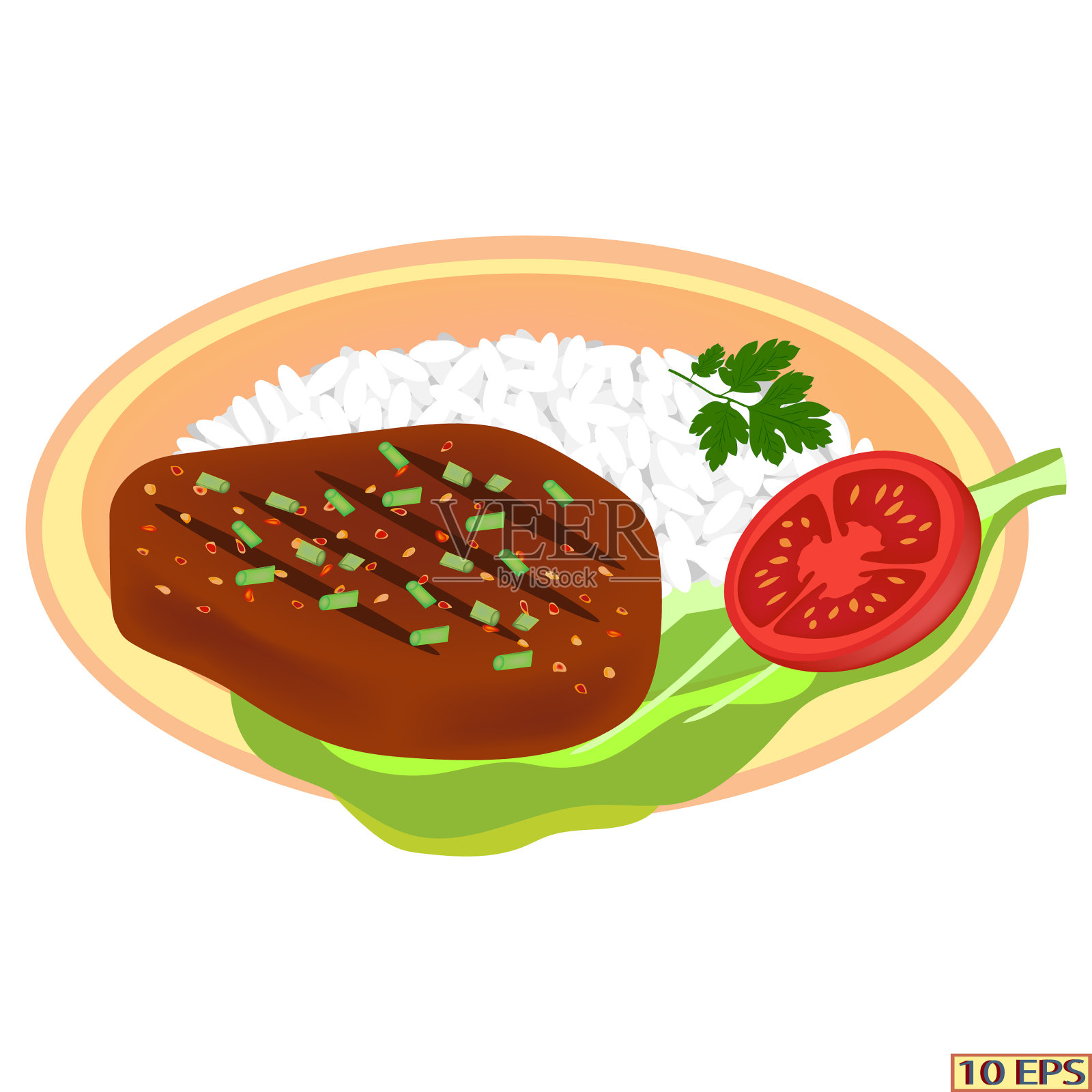 烤牛排和白米饭。炸肉片和配菜。肉，米饭，绿色蔬菜。向量插画图片素材