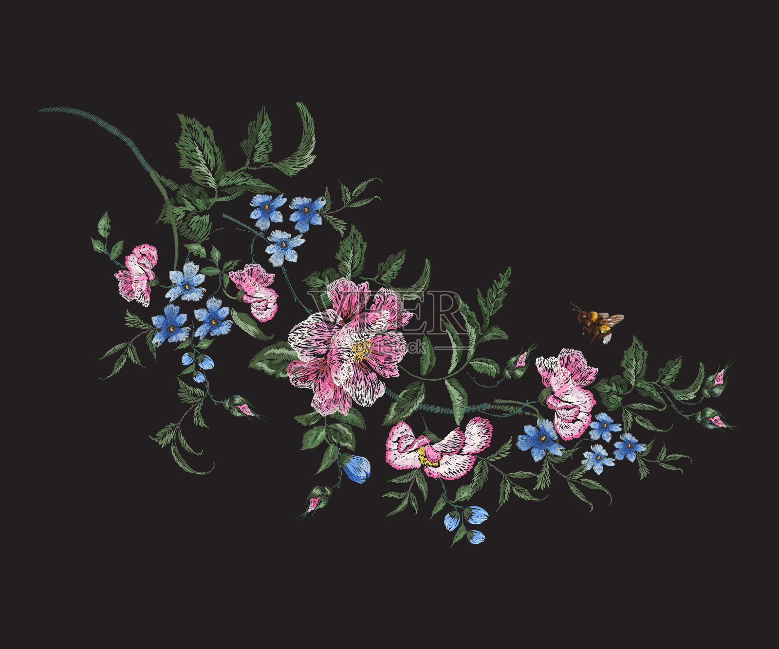 刺绣传统花卉图案与玫瑰枝，紫罗兰和蜜蜂。插画图片素材