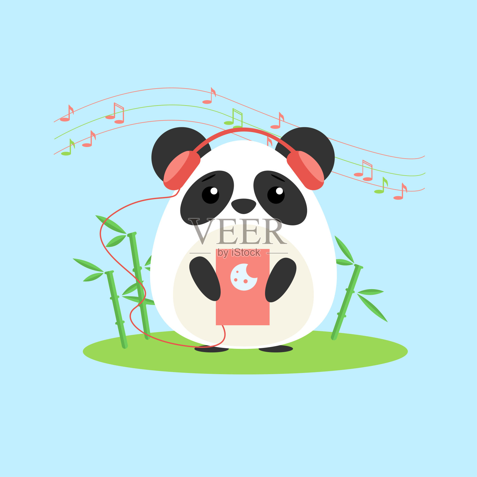 矢量插图拟人化熊猫谁听音乐从设备。可爱的动漫风格插画图片素材