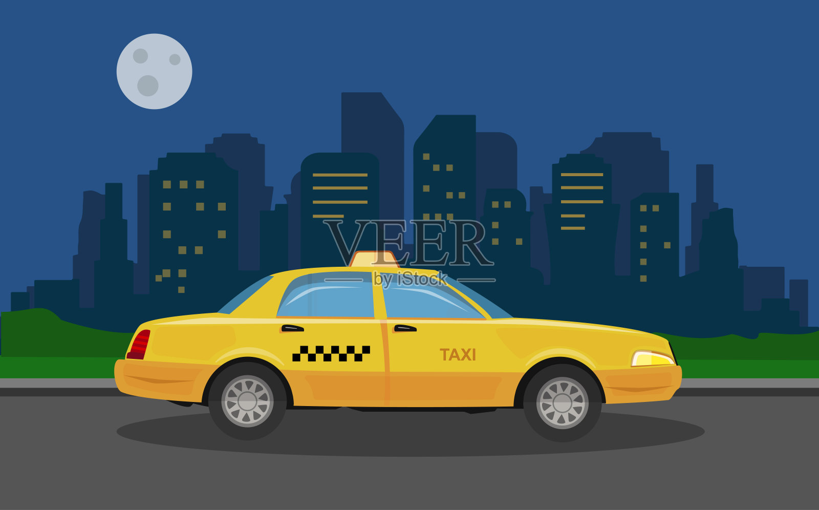 出租车在夜晚的城市背景插画图片素材