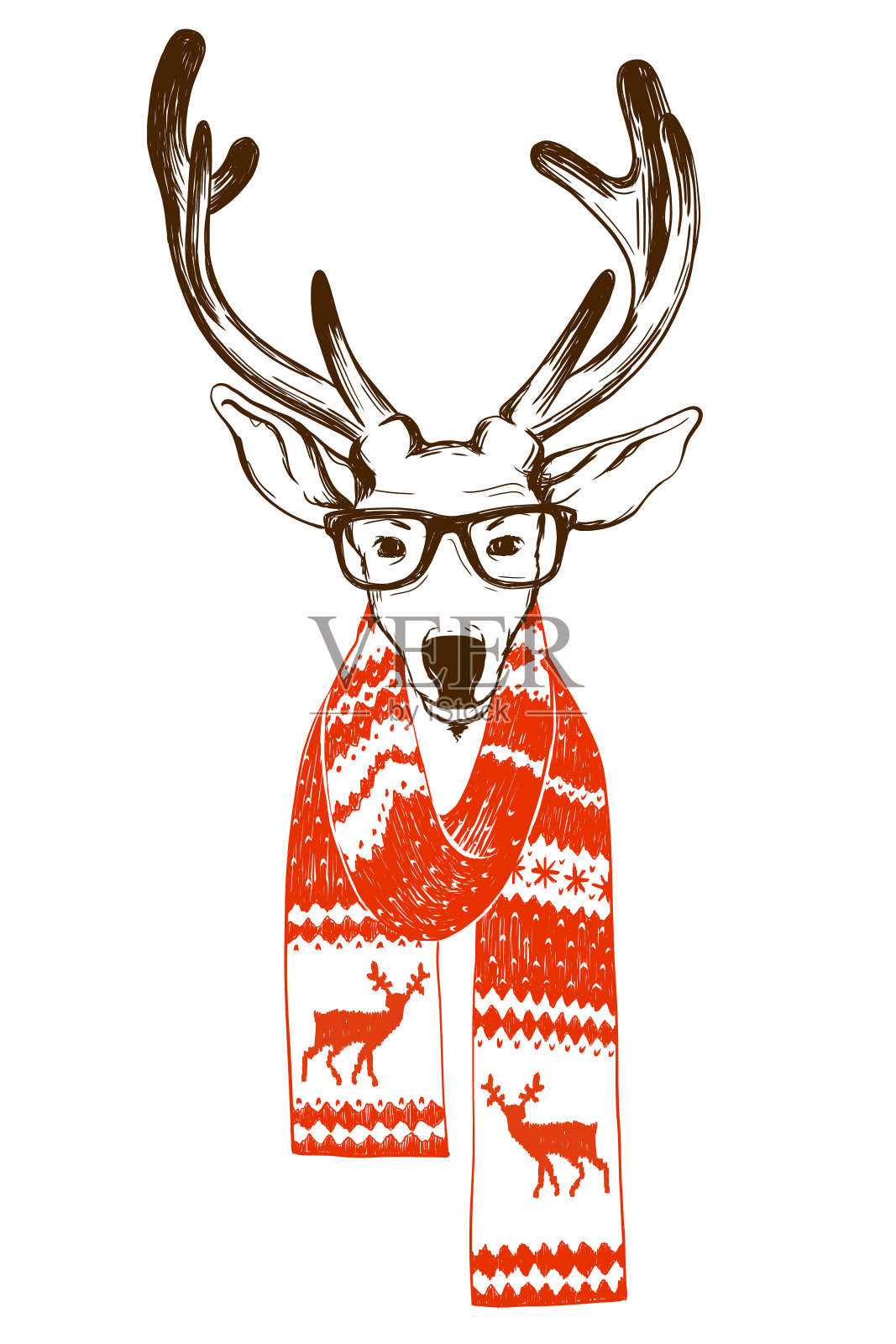 圣诞驯鹿的肖像穿着冬季围巾和时髦的眼镜。插画图片素材