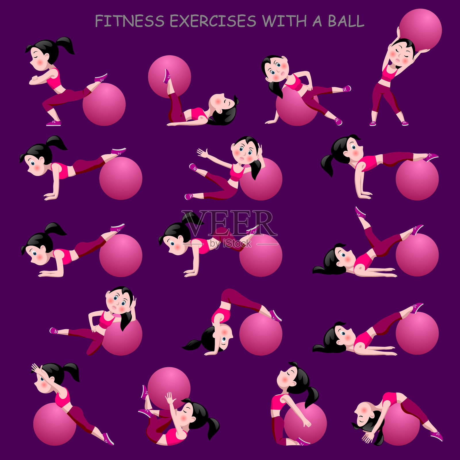 卡通女孩在粉色套装做健身运动与一个球孤立在丁香背景插画图片素材