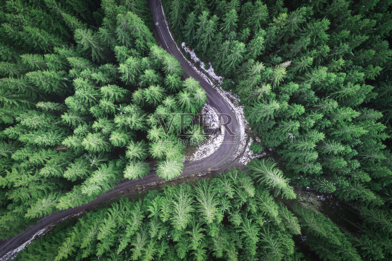 无人驾驶飞机在森林里拍摄的空旷道路照片摄影图片