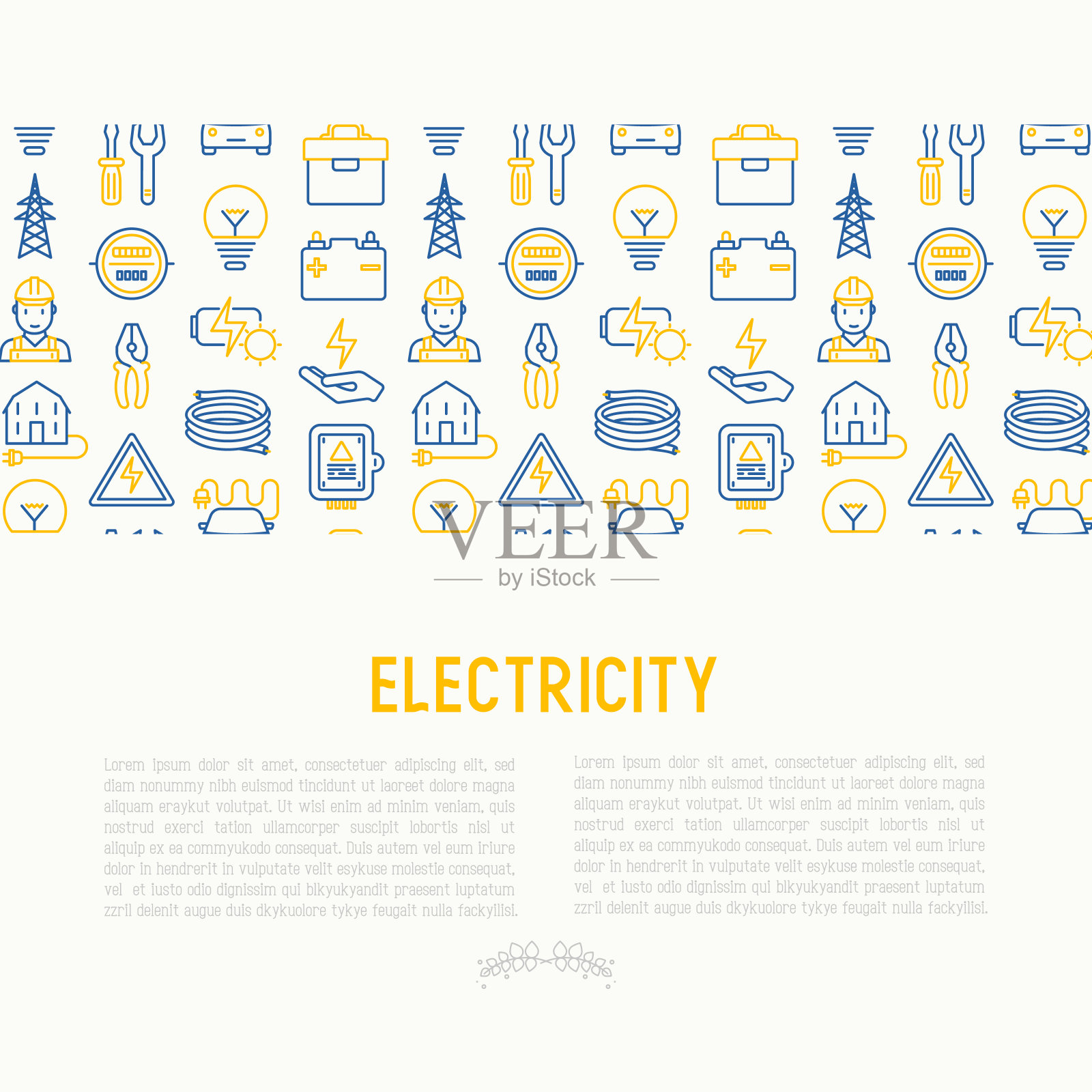 电学概念与细线图标:电工，灯泡，塔，工具箱，电缆，电动车，手，太阳能电池。矢量插图的旗帜，网页，印刷媒体。插画图片素材