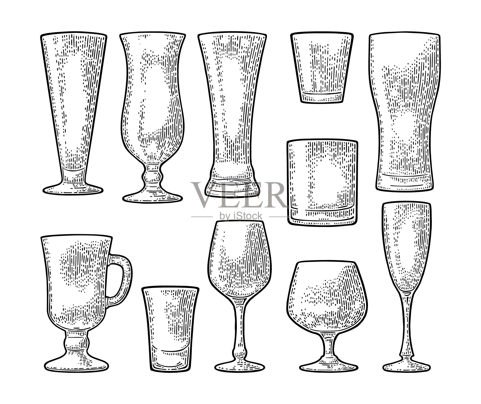 设空酒杯啤酒、威士忌、葡萄酒、杜松子酒、朗姆酒、龙舌兰酒、香槟、鸡尾酒插画图片素材