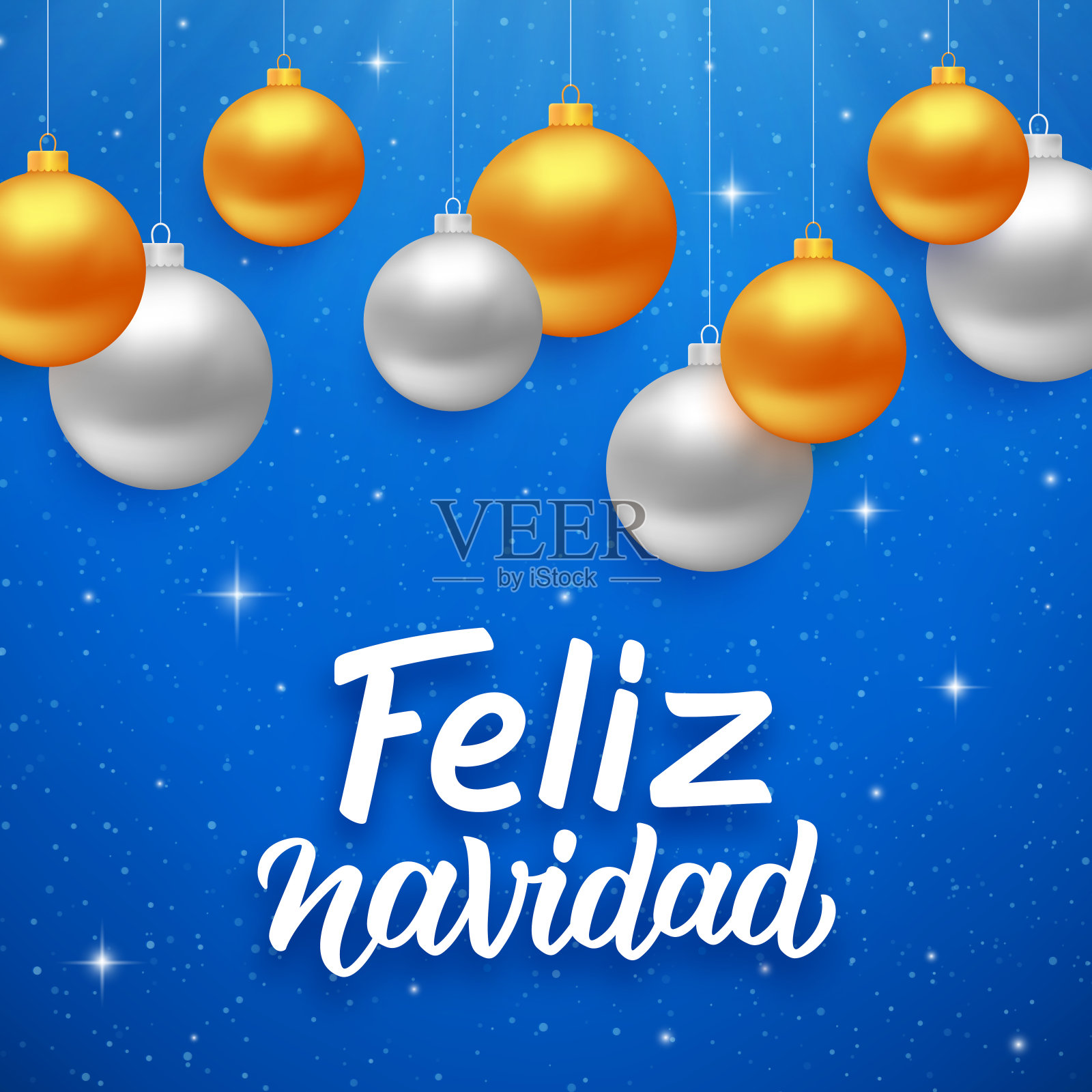 西班牙圣诞快乐，蓝色的背景上点缀着闪闪发光的装饰物和彩色的挂球。矢量插图假日与字母设计模板素材