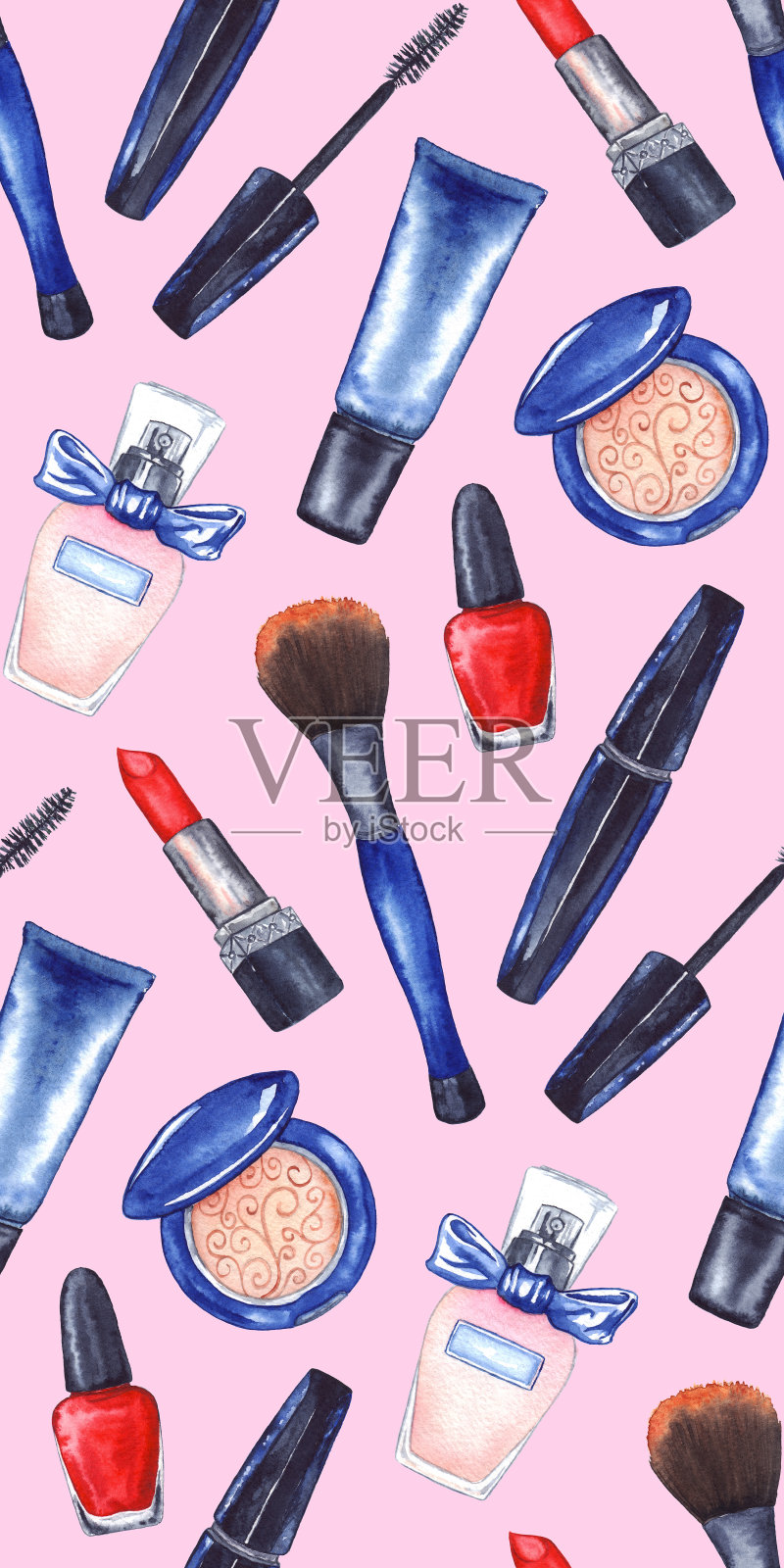 水彩女性睫毛膏、乳霜管、红色唇膏、指甲油、美甲化妆品化妆集无缝图案纹理背景插画图片素材