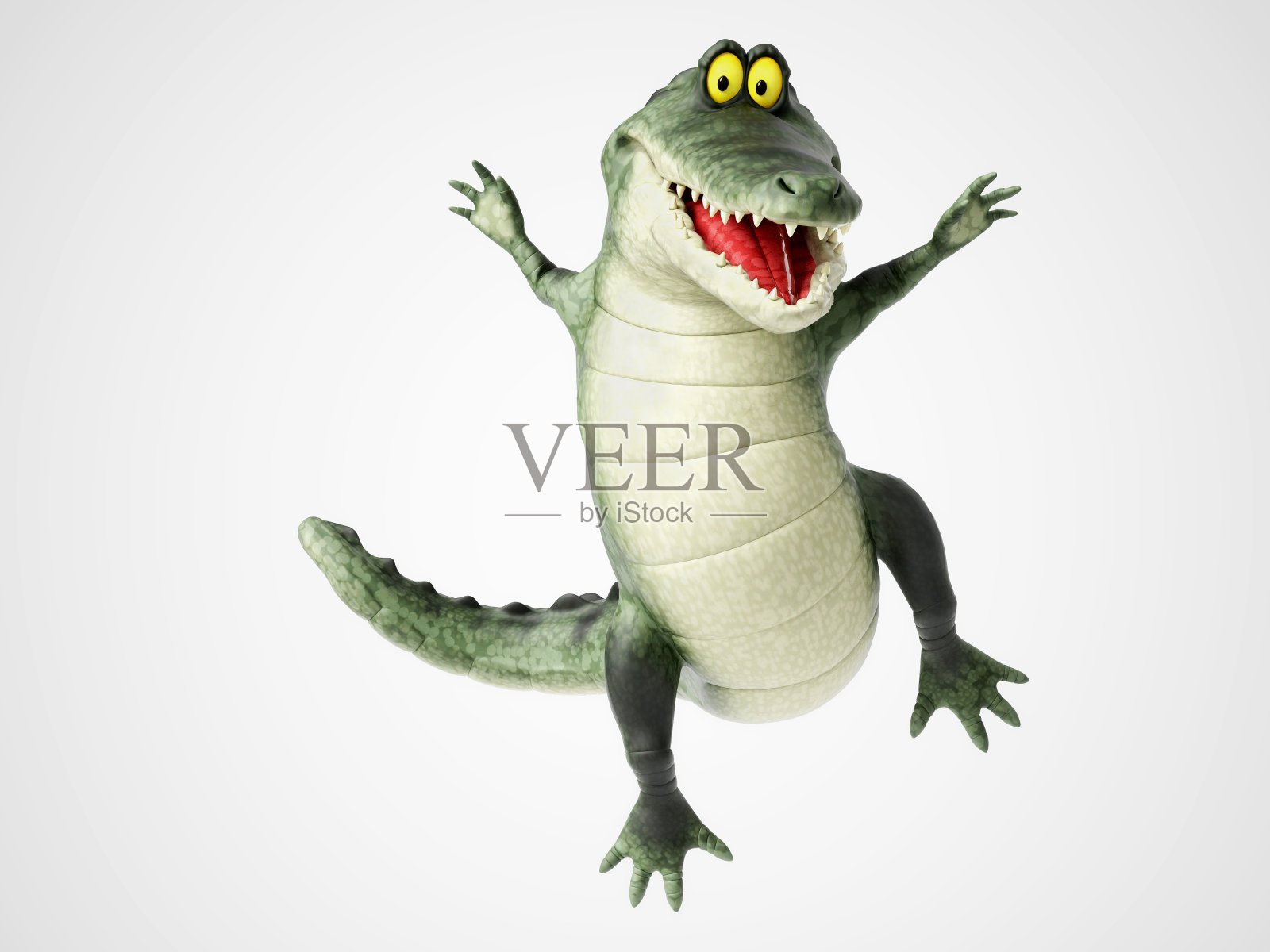 3D渲染的卡通鳄鱼跳跃的喜悦。照片摄影图片