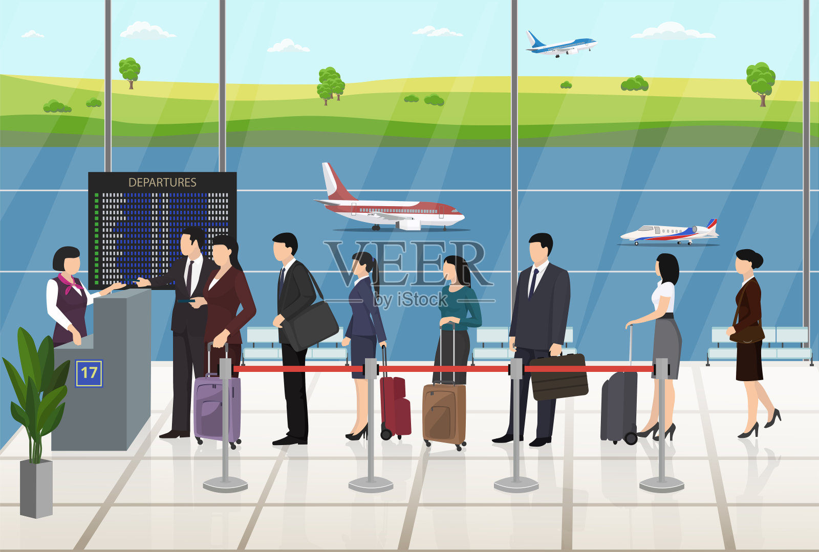 机场旅客排队登记插画图片素材